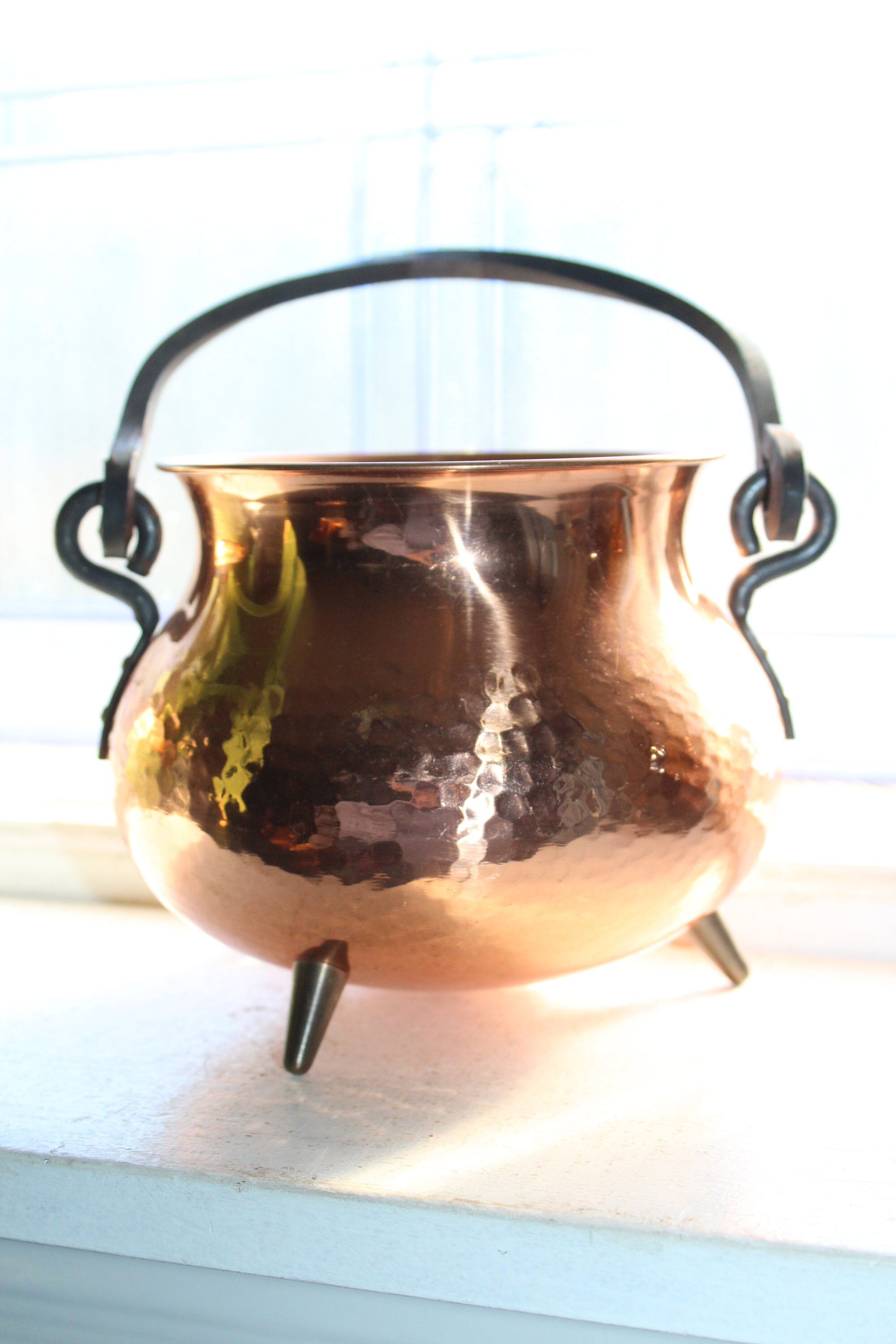 Vintage Hammered Copper Footed Kettle Wrought Iron Handle W Germany