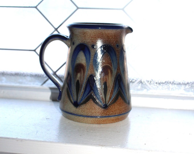 Vintage Salt Glazed Stoneware Pitcher Cobalt Blue Decorated