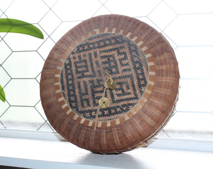 Vintage Chinese Wicker Sewing Basket with Attached Coins