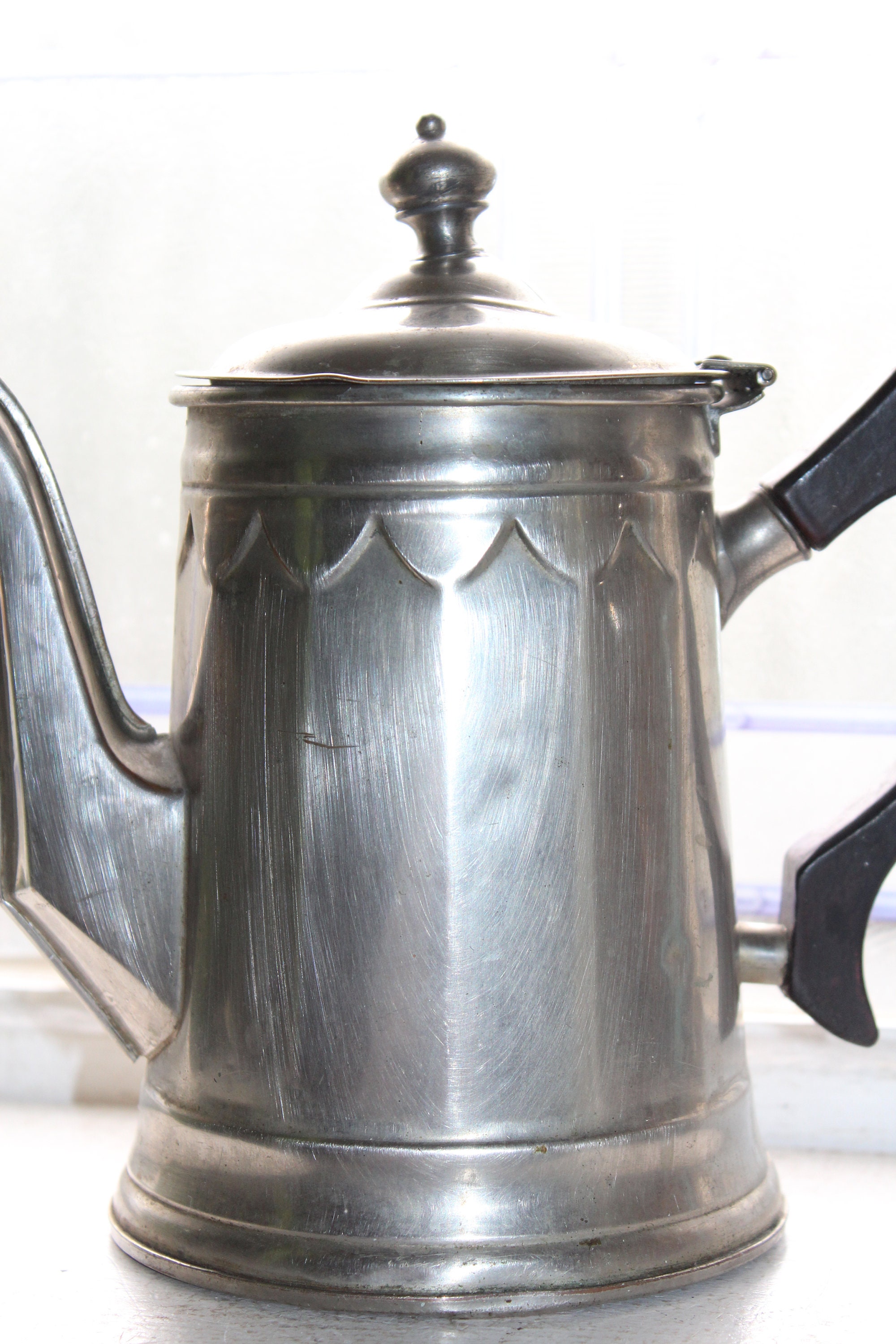 Antique Teapot Tin on Copper with Black Wood Handle