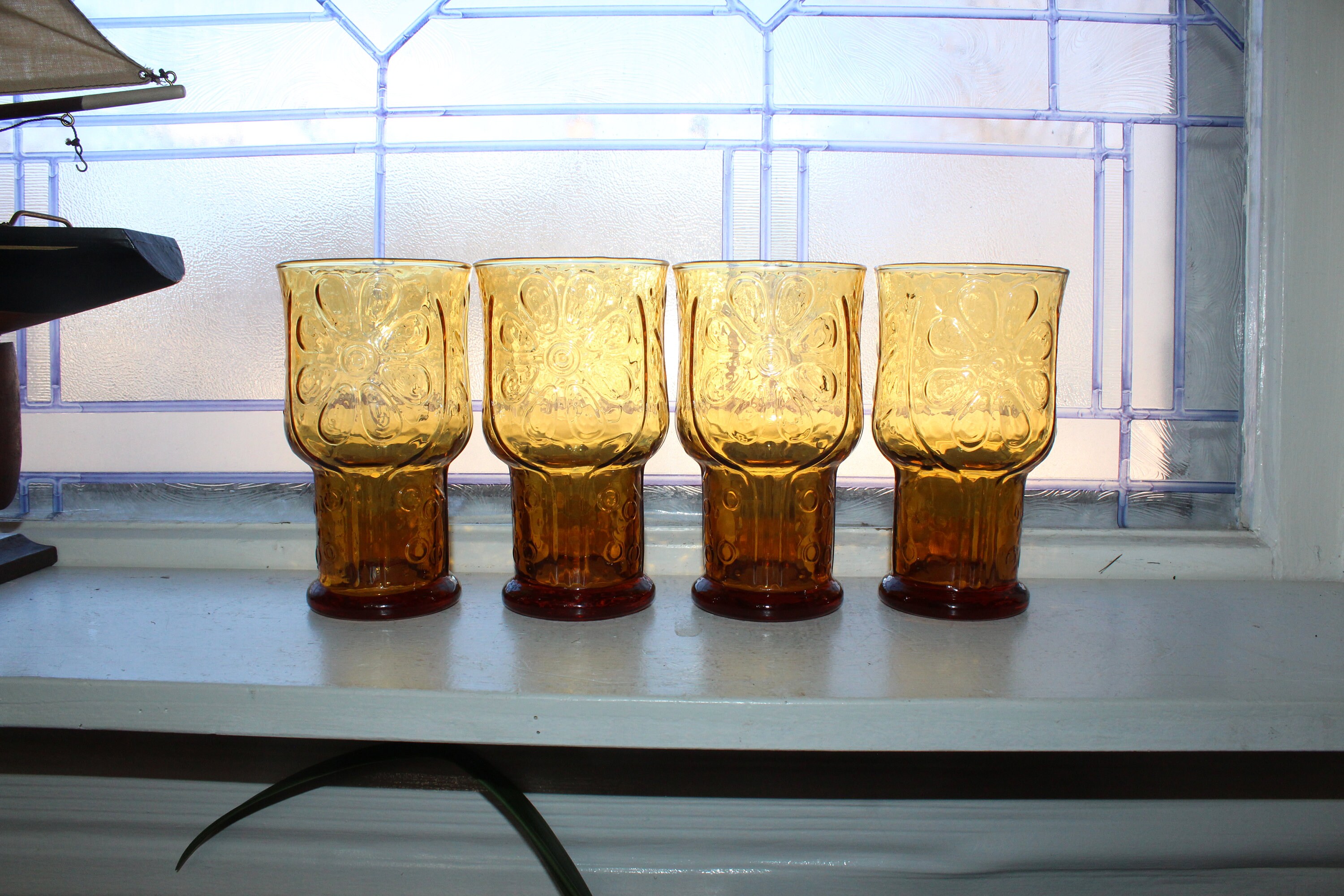 4 Vintage Amber Glass Tumblers Libbey Country Garden Flower