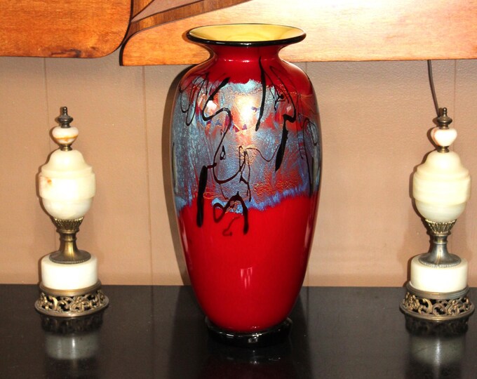 Huge Michael Nourot Johnny Camp Studio Art Glass Vase Red Satin Series 17" 2001