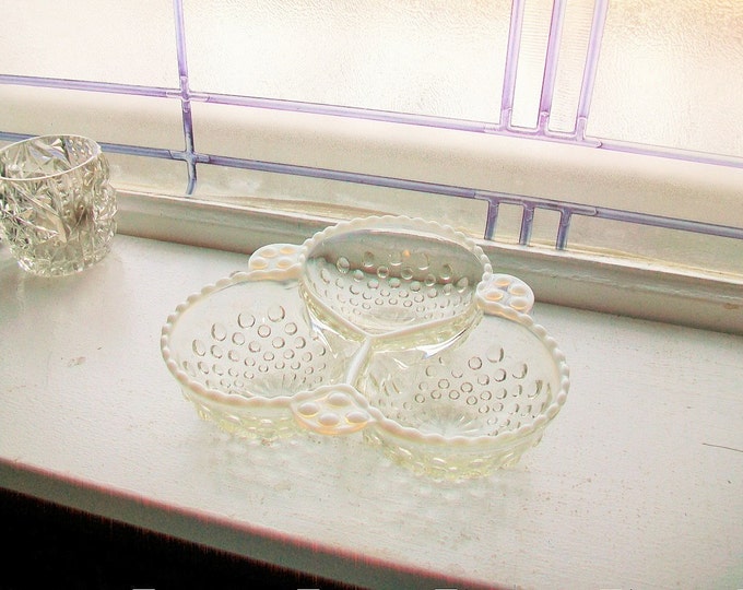 Moonstone Divided Relish Dish Opalescent Hobnail Cloverleaf Vintage Anchor Hocking 1940s
