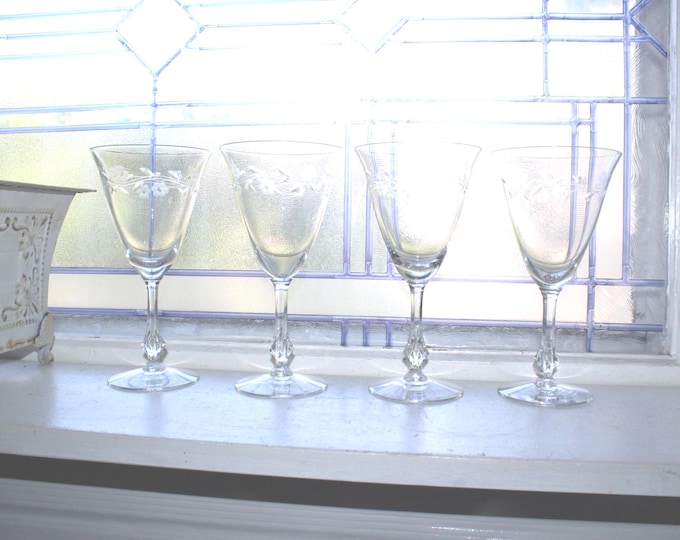 4 Duncan & Miller Queen's Lace Wine Water Glasses Vintage Stemware
