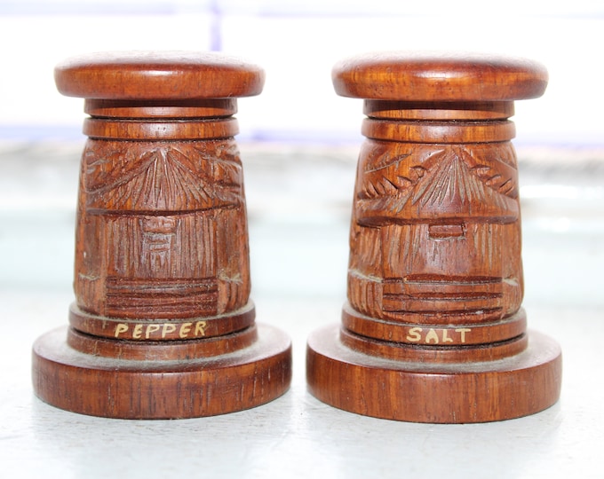 Vintage Salt and Pepper Shakers 1950s Wood Asian Scene