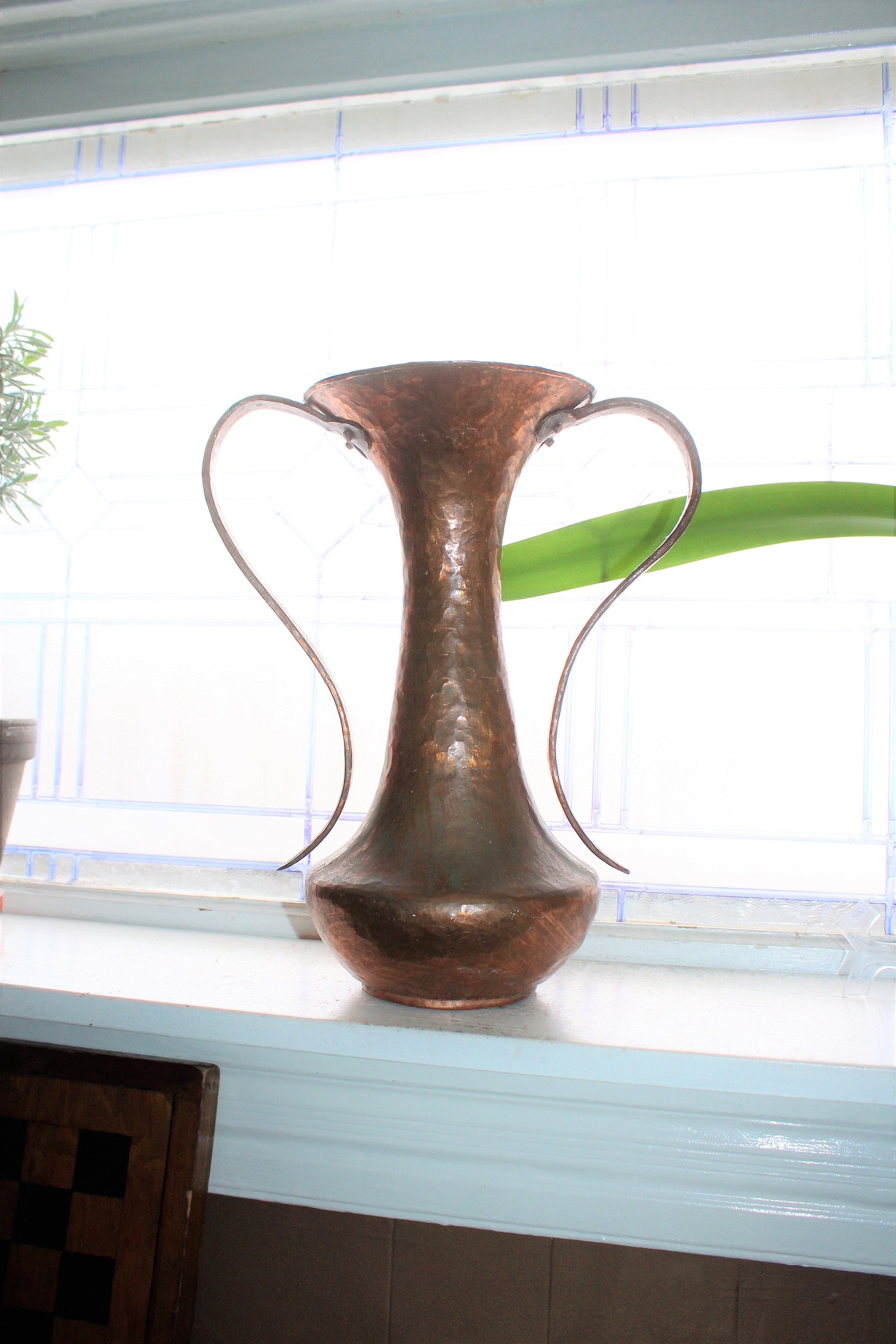 Antique Hammered Copper Vase Urn with Handles Handmade