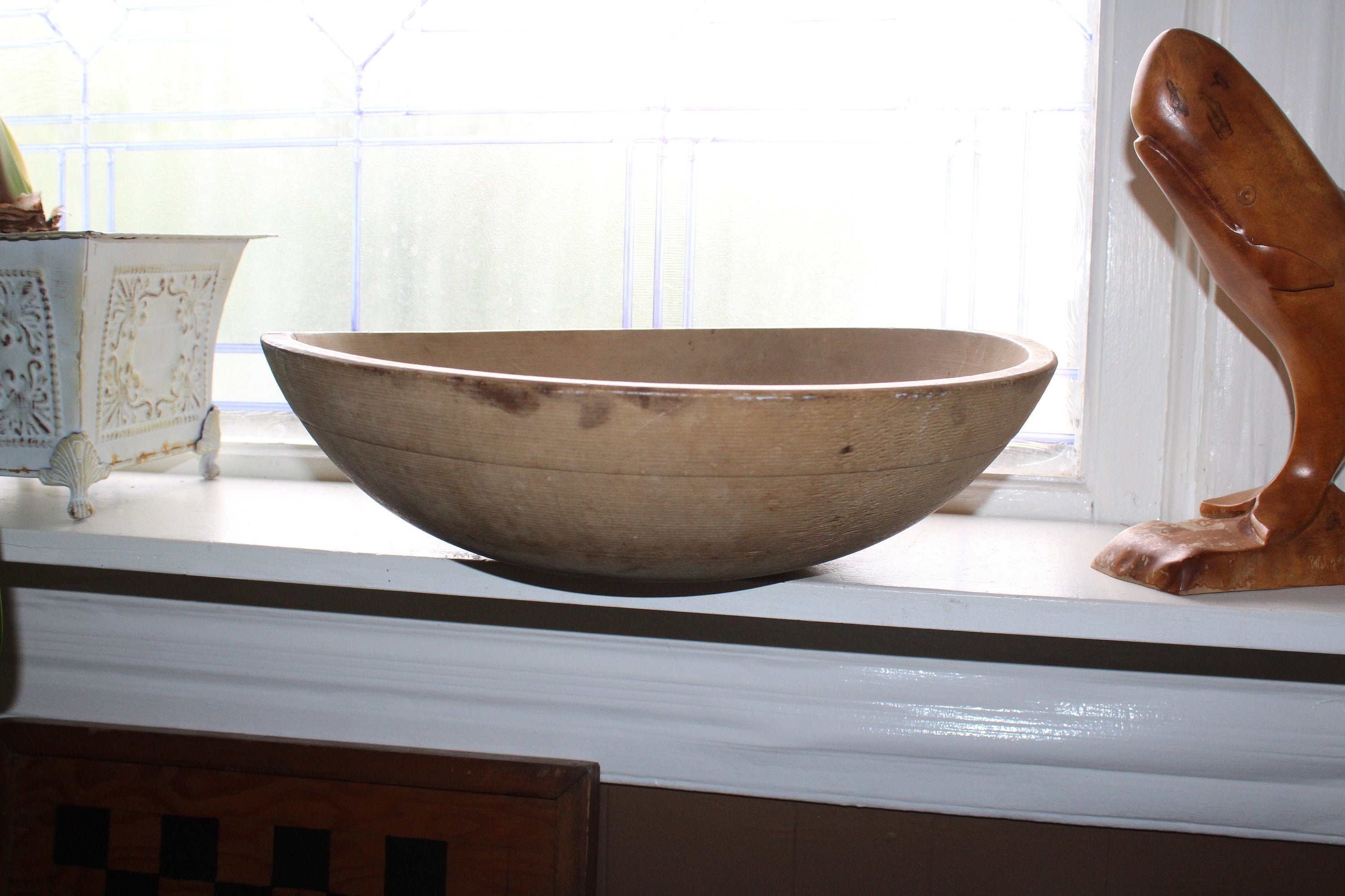 Large Primitive Antique Wood Bowl 15 Inch Rustic Farmhouse Decor