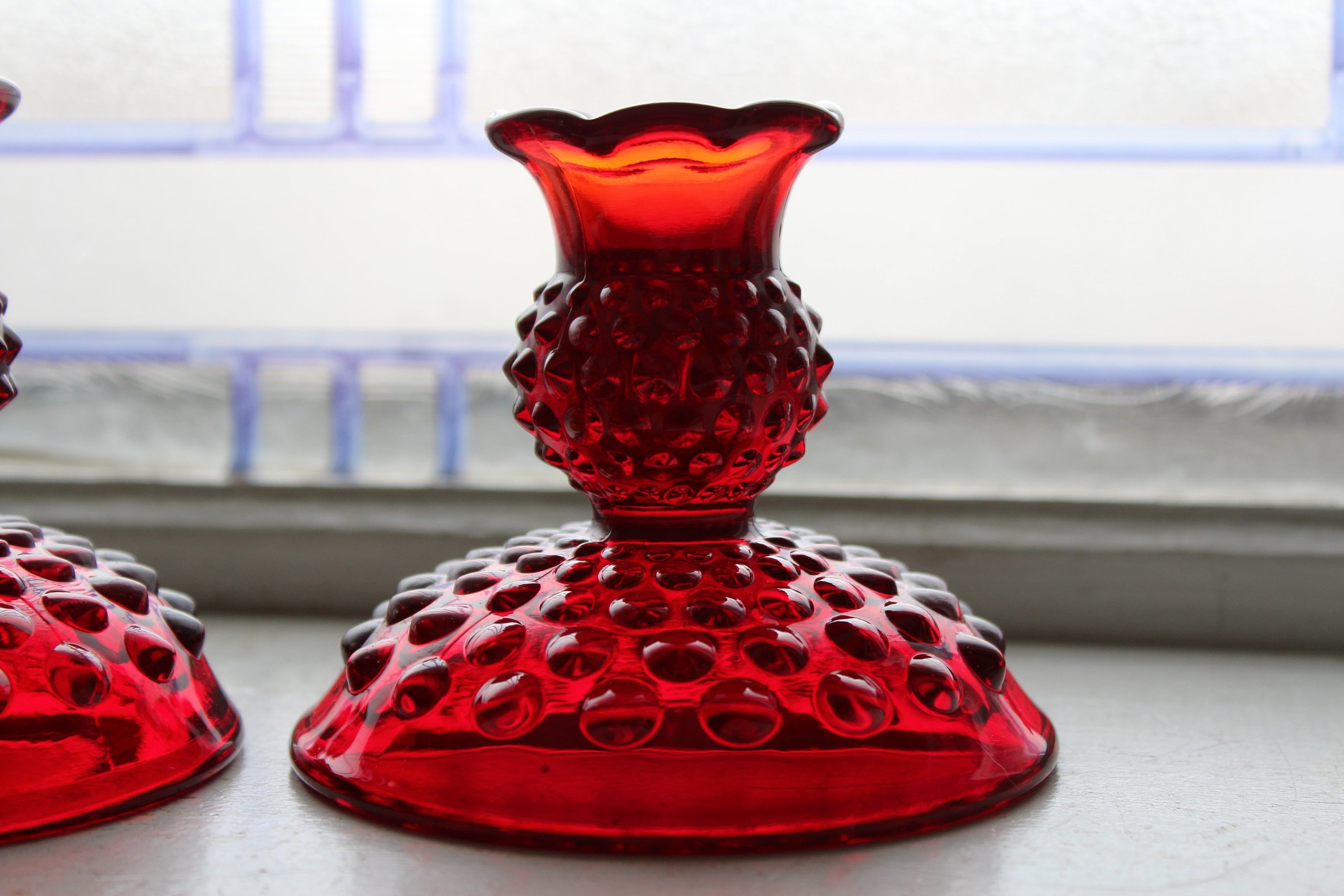 Ruby Red Glass Hobnail Candlestick Holders Pair Vintage Fenton