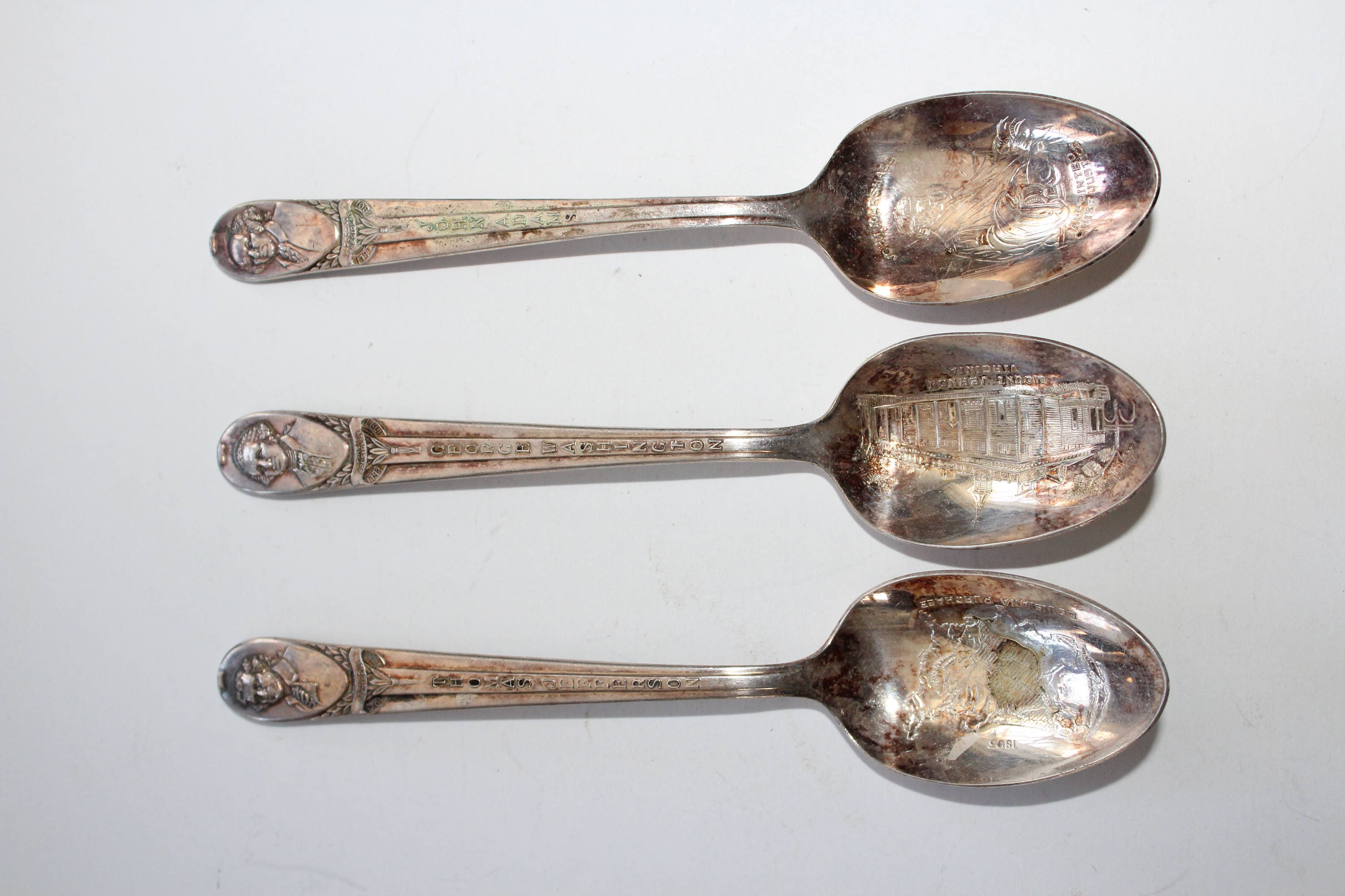 3 Presidential Silver Plate Spoons Washington Jefferson Adams Vintage
