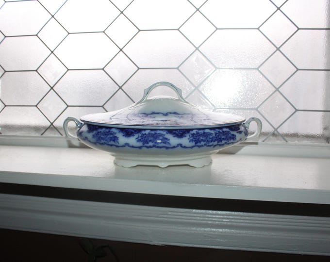 Antique Victorian Flow Blue Covered Serving Dish Roslyn Alfred Colley