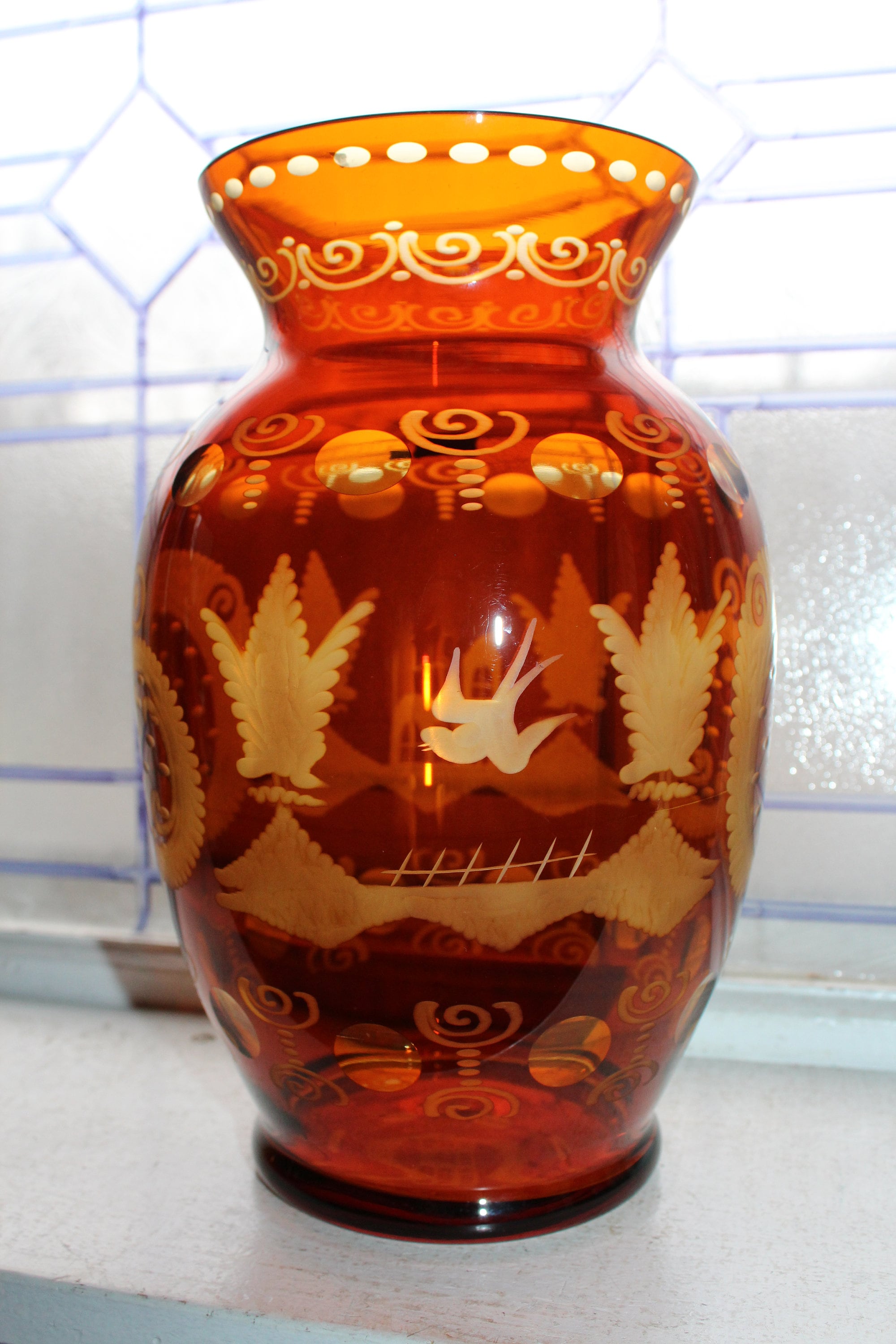 Large Vintage Amber Cut To Clear Bohemain Glass Vase Egermann Czech