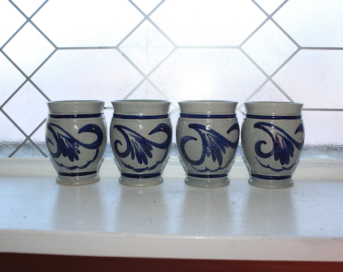 4 Vintage German Gerzit Salt Glazed Stoneware Tumblers Cobalt Blue