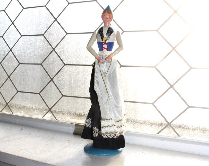 Vintage Swedish Wooden Napkin Holder Doll Girl