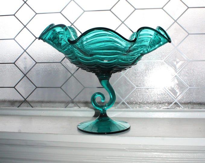 Large Vintage Murano Compote Teal Glass With Curl Stem