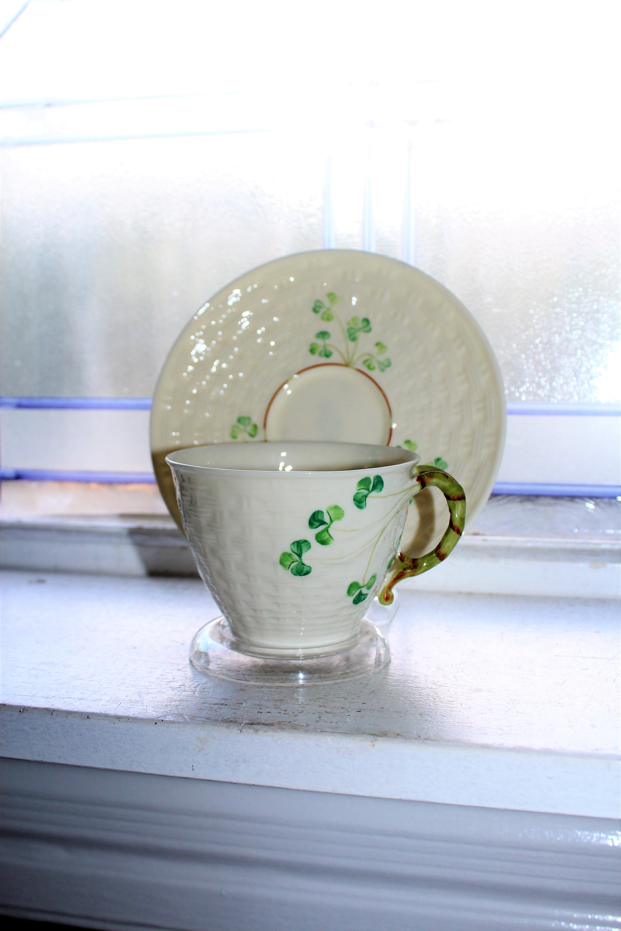 Vintage Irish Belleek Cup and Saucer Third Green Mark 1960s