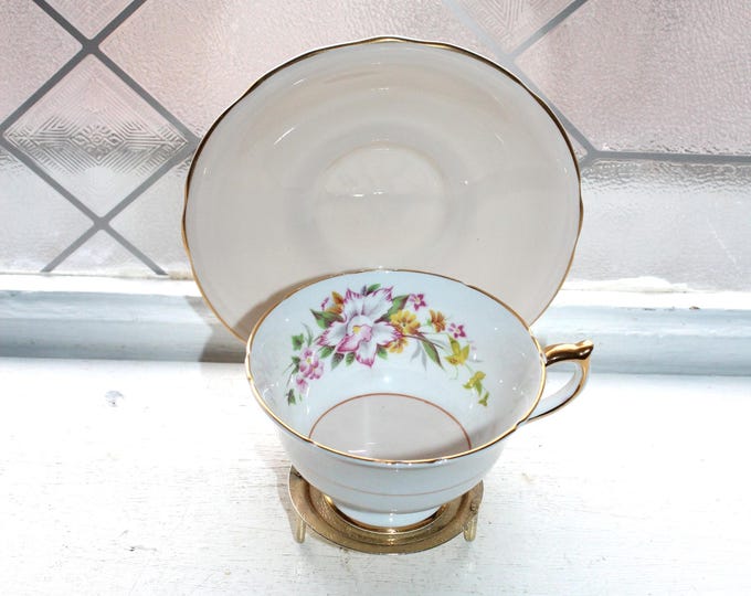 Vintage Aynsley Tea Cup and Saucer Pale Peach with Orchids