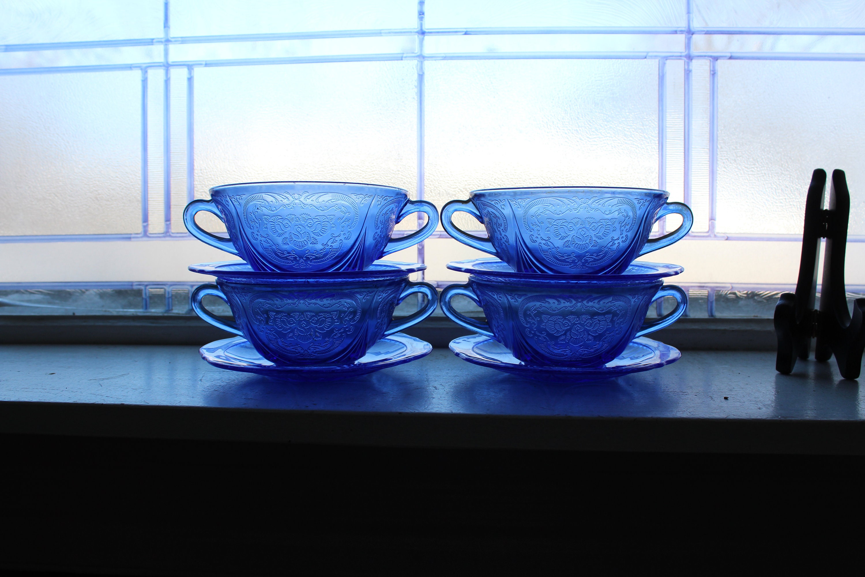 Download 4 Cobalt Blue Depression Glass Cream Soup Bowls & Saucers Royal Lace