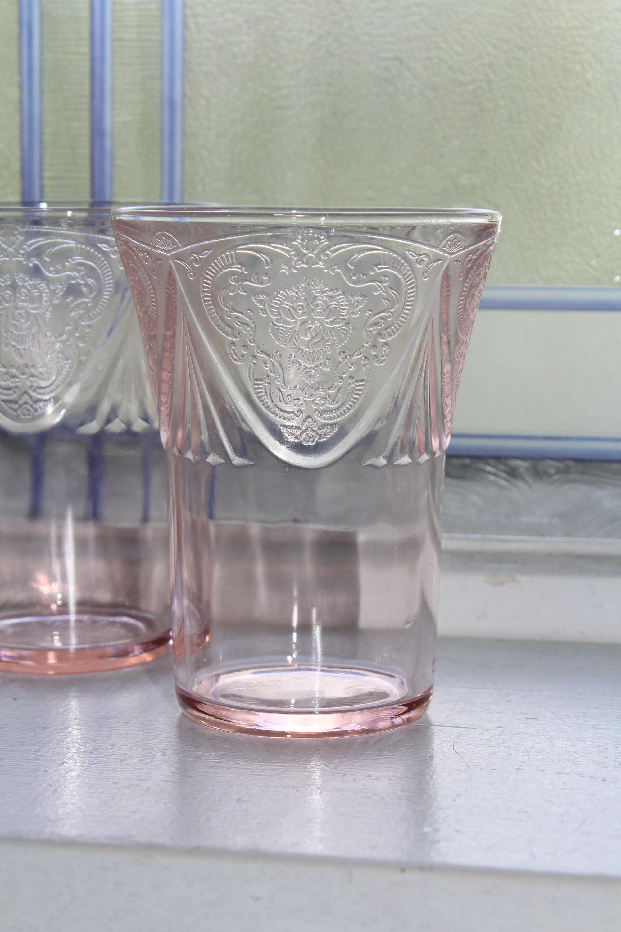 6 Pink Depression Glass Tumblers 9 Oz. Royal Lace Vintage 1930s