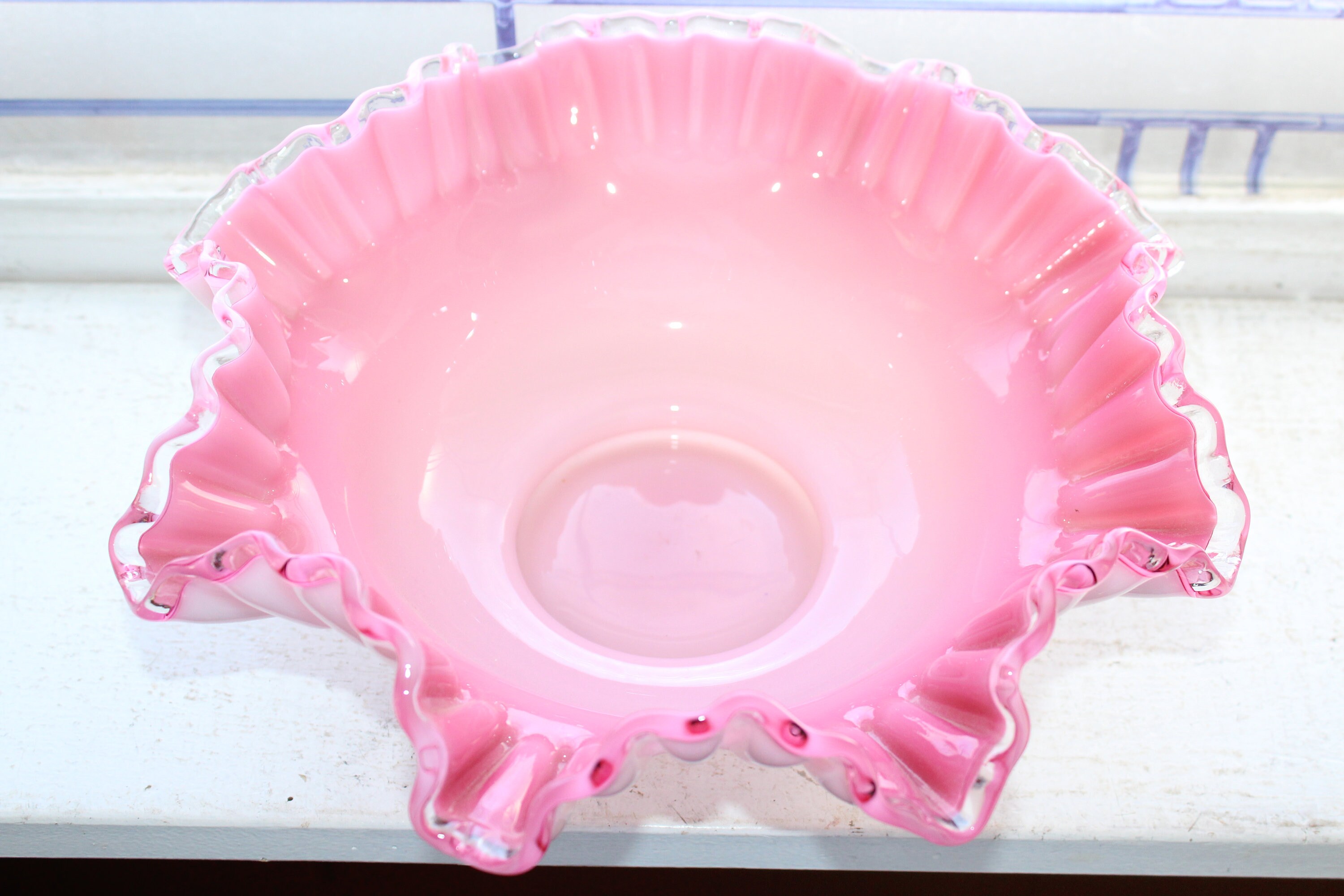 Antique Bride's Basket Bowl Pink and White Ruffled Edge Glass