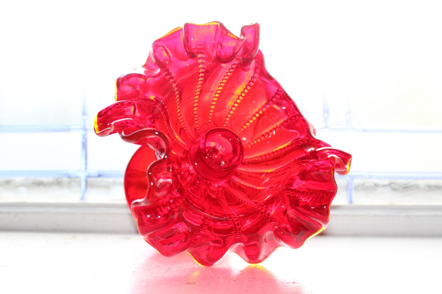 Vintage Red Glass Stemmed Candle Holder Ruffled Rim
