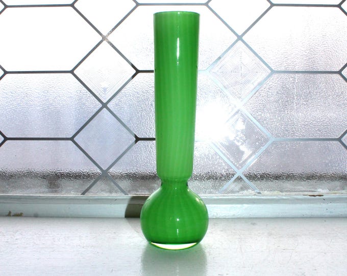 Mid Century Italian Empoli Striped Green Cased Glass Bud Vase