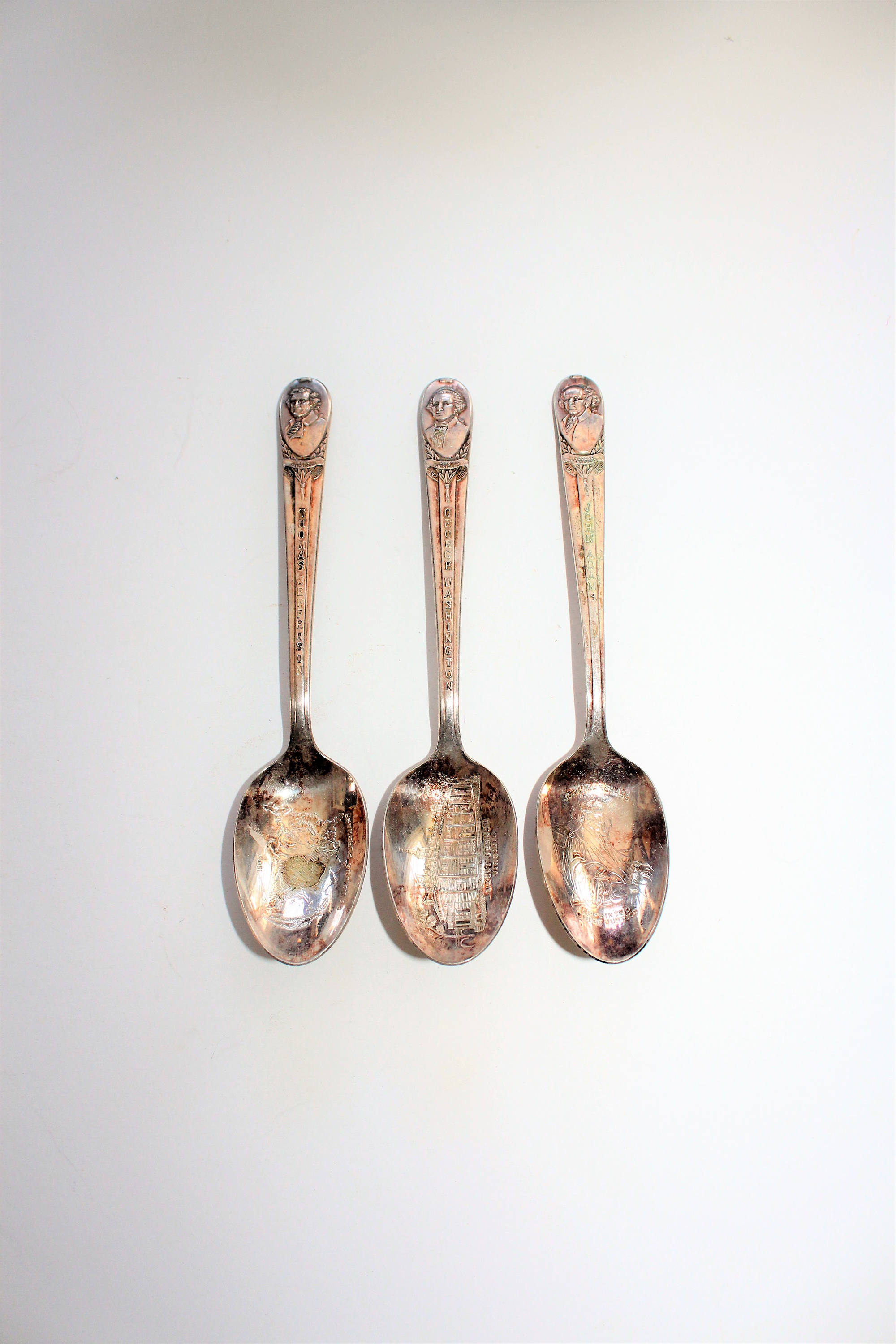 3 Presidential Silver Plate Spoons Washington Jefferson Adams Vintage