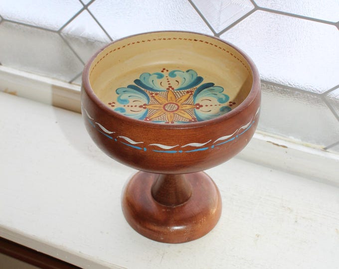 Vintage Norwegian Rosemaled Wood Compote Pedestal Bowl Folk Art