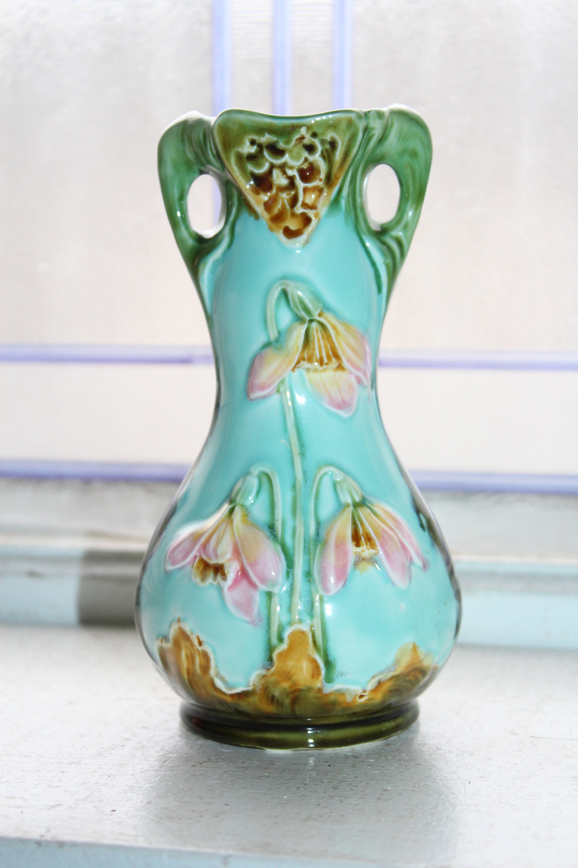 Antique Art Nouveau Majolica Vase Turquoise with Flowers Decoration