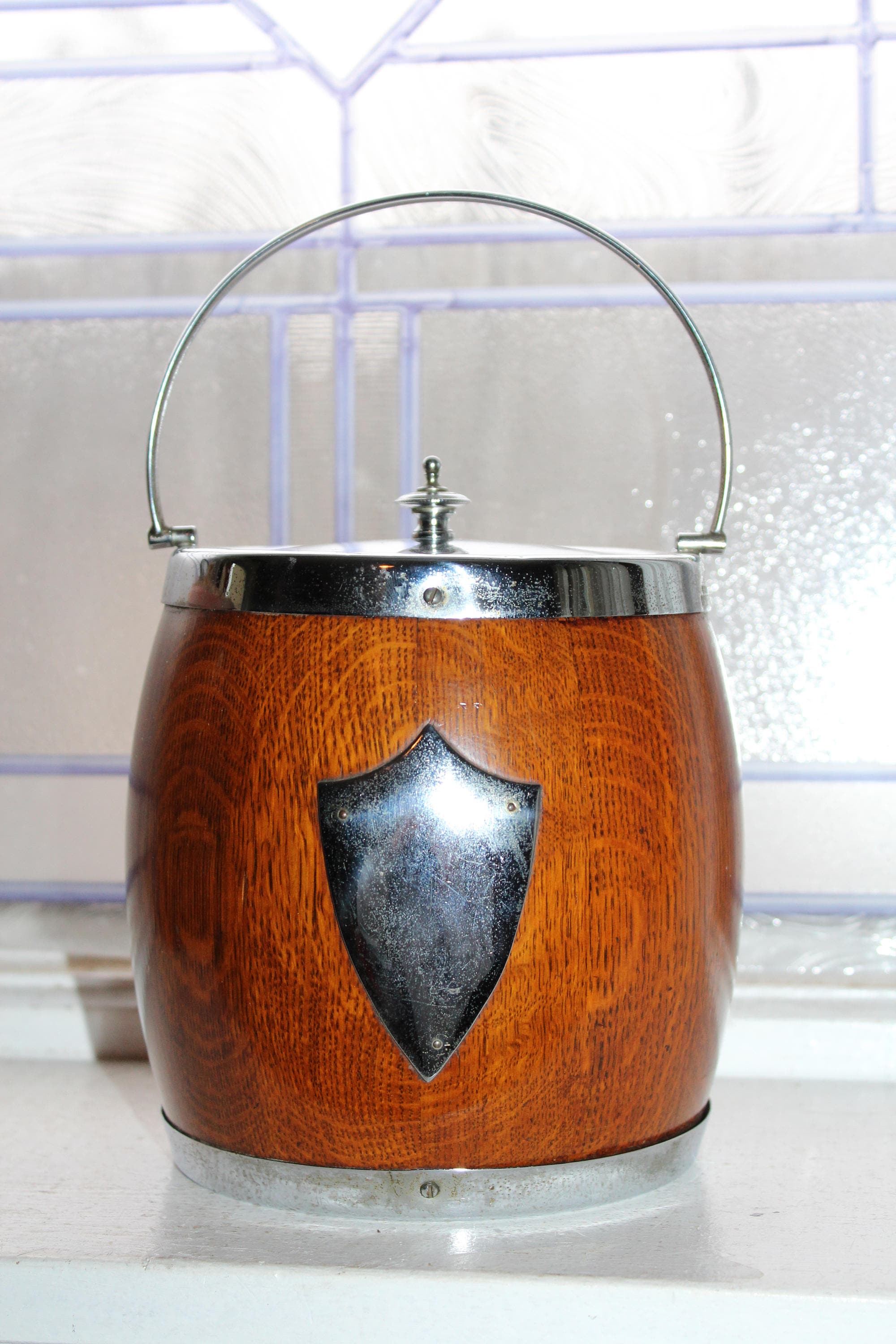 Antique Biscuit Jar Cookie Jar Silverplate and Oak 1910s