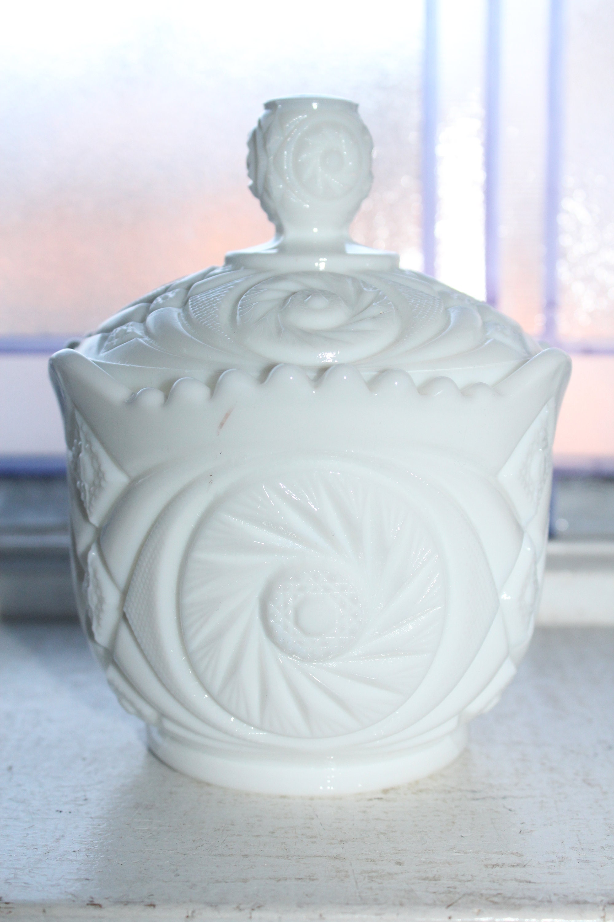 Vintage Milk Glass Covered Jar with Lid Aztec Pattern Glass
