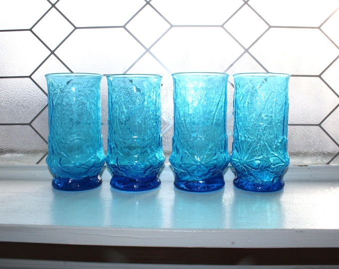 4 Vintage Laser Blue Glass Flat Iced Tea Tumblers Rainflower Pattern