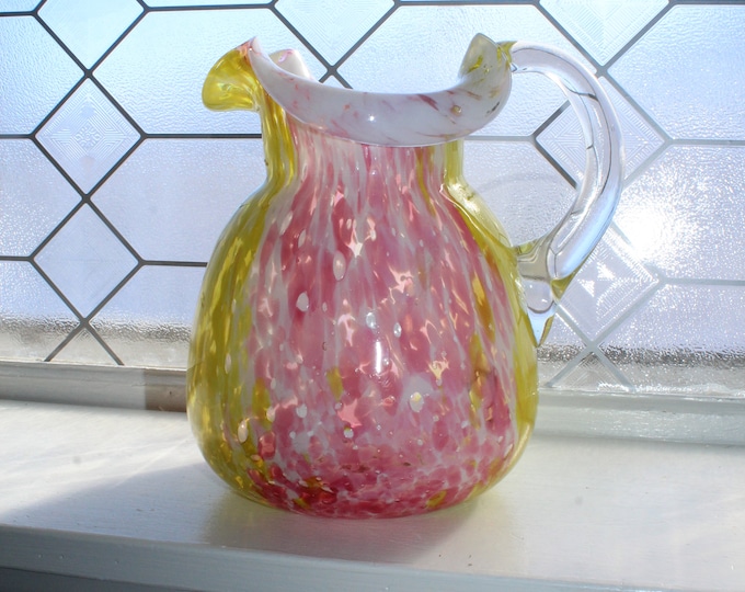 Spatter End Of Day Cased Glass Pitcher Pink Yellow Vintage Art Glass