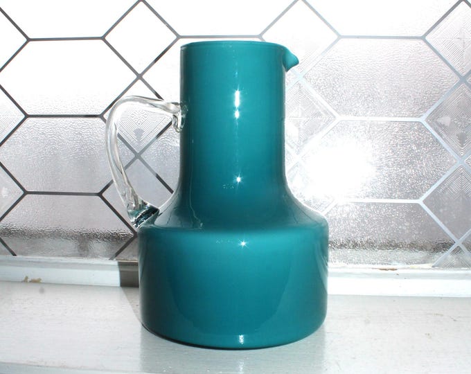 Mid Century Italian Empoli Teal Cased Glass Pitcher Vintage 1950s