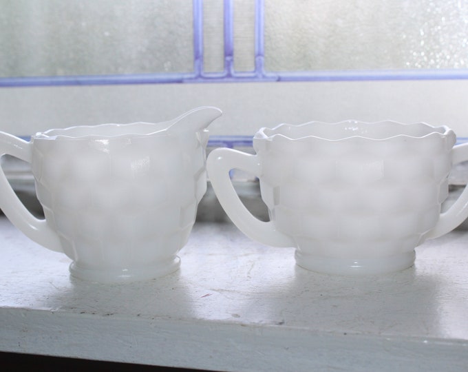 Vintage Milk Glass Creamer and Sugar Cube Cubist