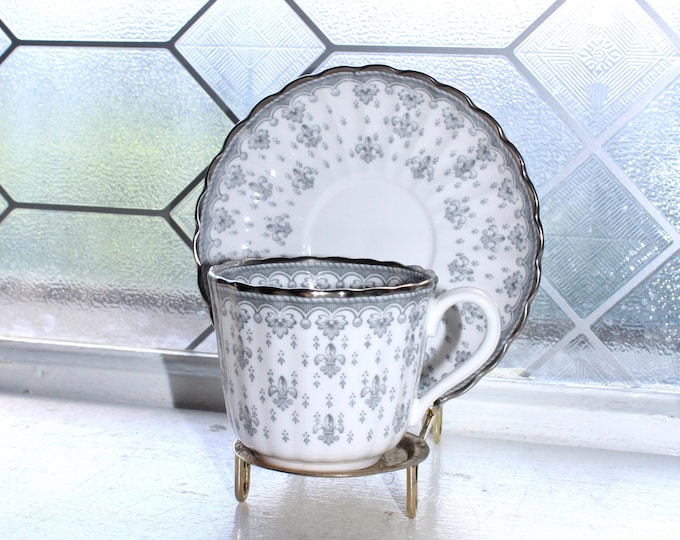 Spode Fleur de Lys Gray Cup and Saucer Vintage 1960s Dinnerware