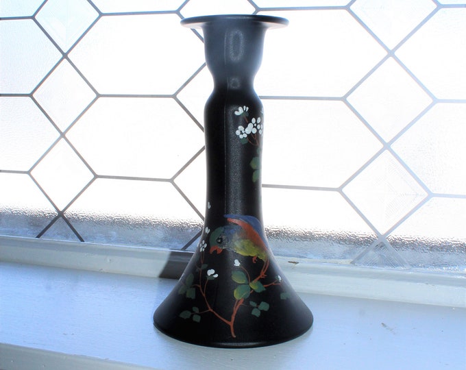 Vintage Tiffin Black Satin Glass Candlestick Holder Hand Painted Parrot