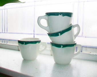 4 Vintage Restaurant Ware Coffee Cups Syracuse China Wintergreen Pattern Green Border