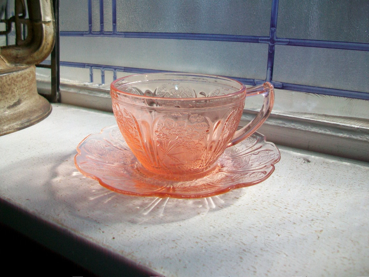 Pink Depression Glass Cup & Saucer Cherry Blossom Vintage 1930s