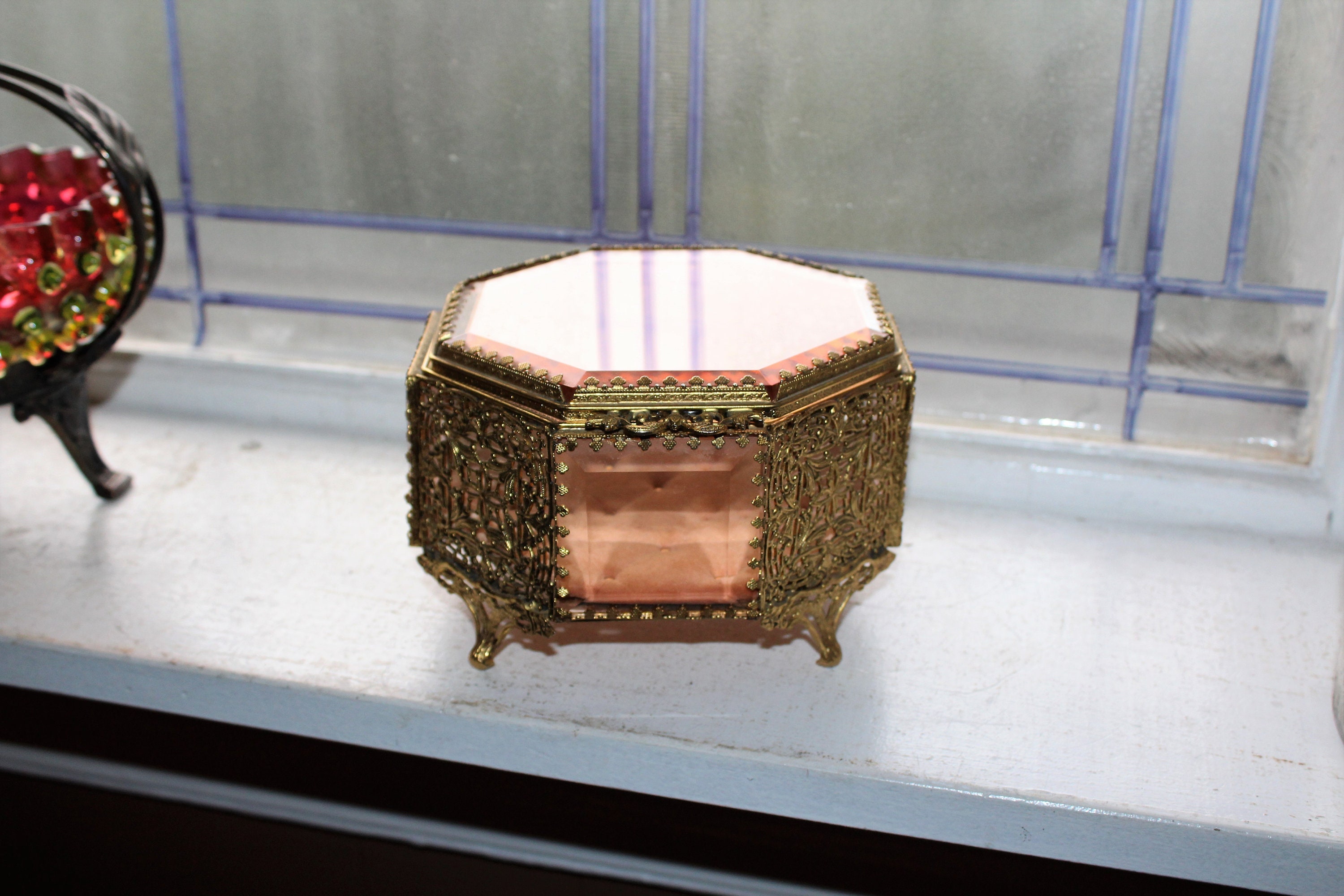 Vintage Jewelry Casket Filigree Ormolu Footed Box