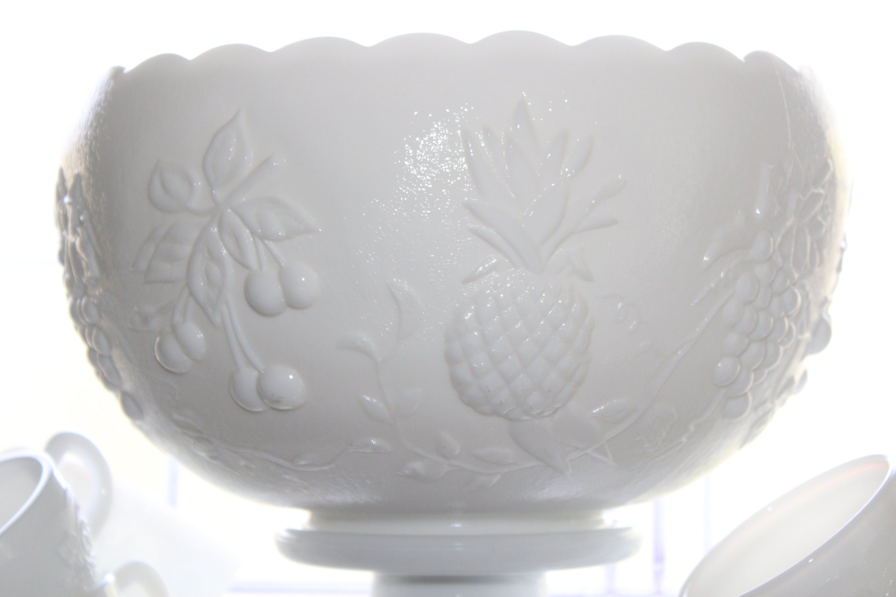 Vintage Milk Glass Punch Bowl Set Westmoreland 14 Pc Set Three Fruits