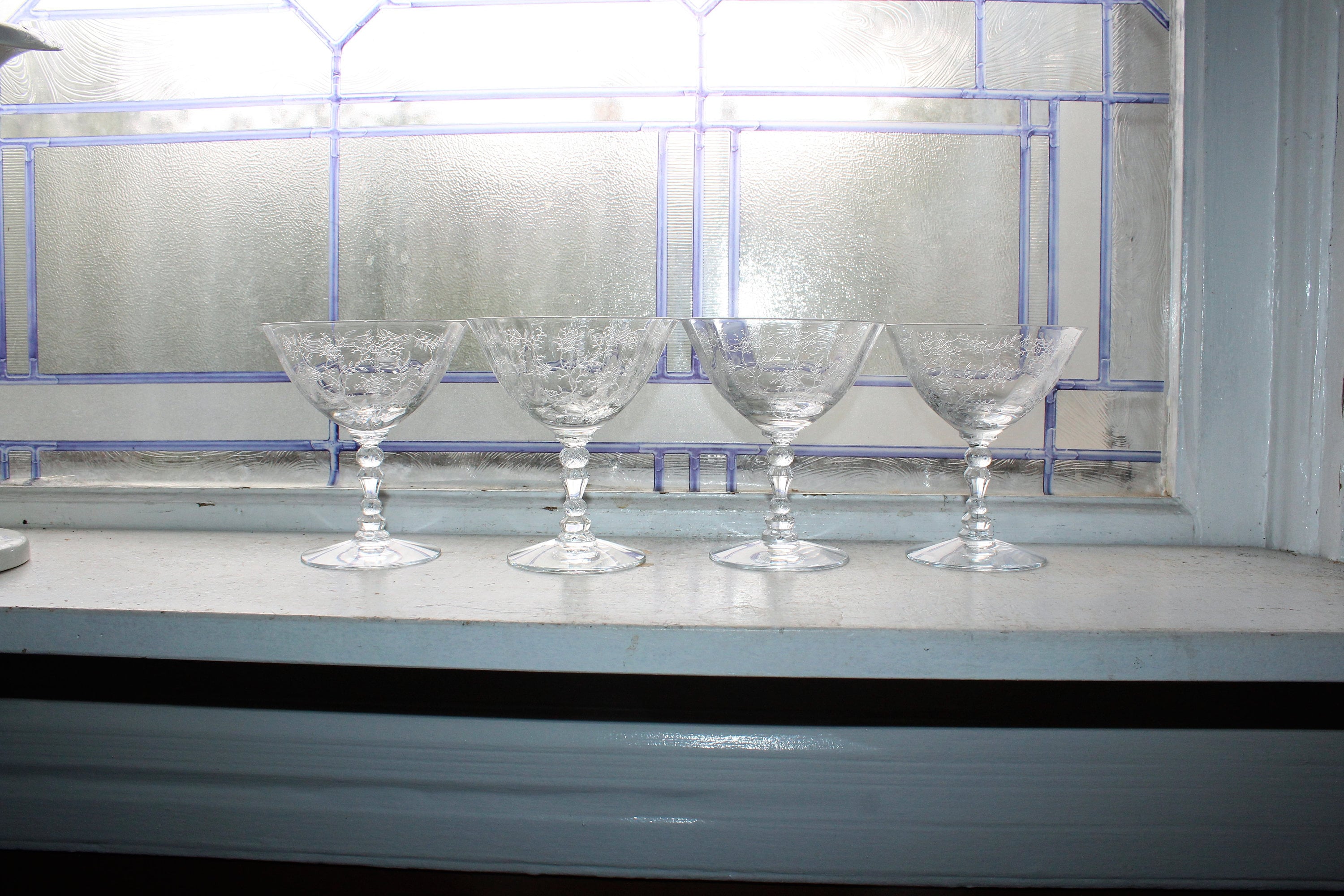 Antique Tall Sherbet Crystal Glasses by Fostoria. Etched Midnight Rose –  Anything Discovered