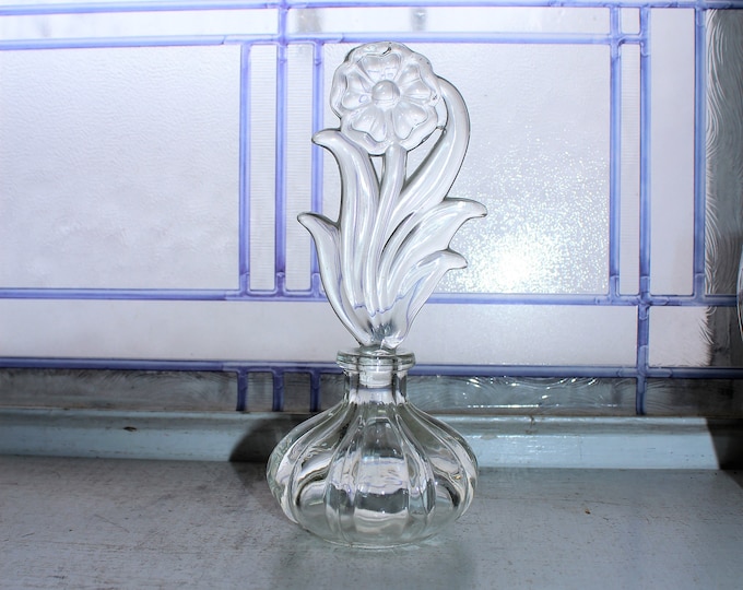 Large Vintage Crystal Perfume Bottle 7.75" with Daisy Stopper