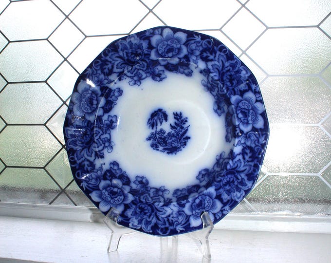 Rare Antique Flow Blue Serving Bowl Florentine Pattern