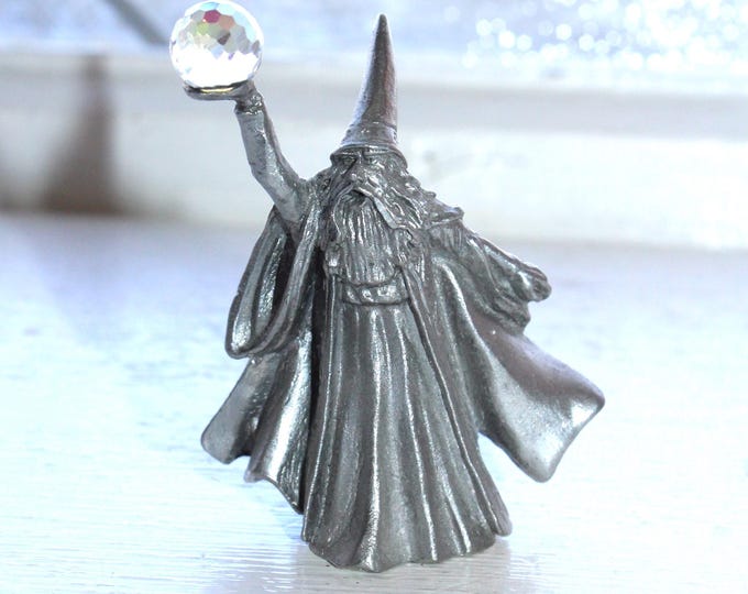 Vintage Perth Pewter Sorcerer Wizard Sculpture Figurine w/ Faceted Crystal Ball