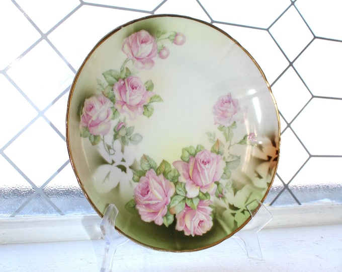 Antique German Porcelain Plate with Beautiful Pink Roses