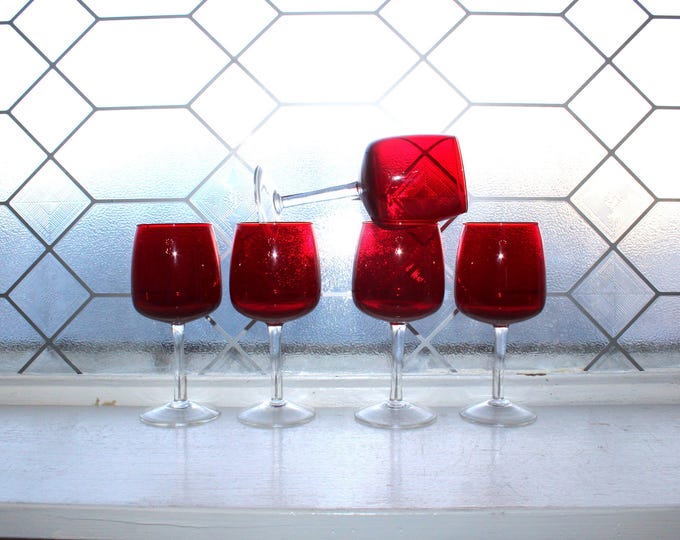5 Vintage Ruby Red Wine Glasses 5 1/2"