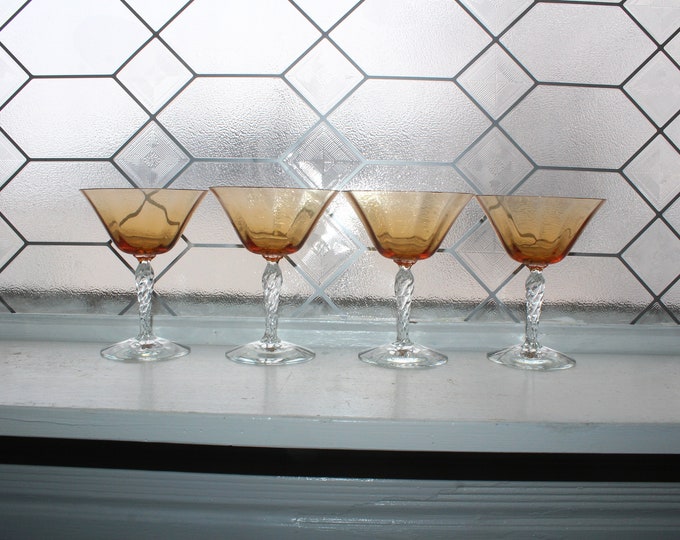 4 Vintage Art Deco Champagne Glasses Amber with Clear Spiral Stems