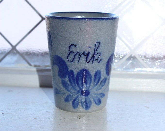 Vintage Erik Salt Glazed Stoneware Tumbler Cobalt Blue Decoration