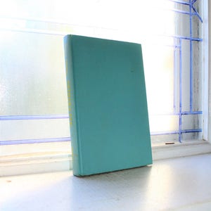 May include: A teal-colored book stands upright on a white windowsill, illuminated by natural light. The book's cover is a solid, muted teal, with a spine that appears to have yellow text. The background includes a window with a decorative blue grid.