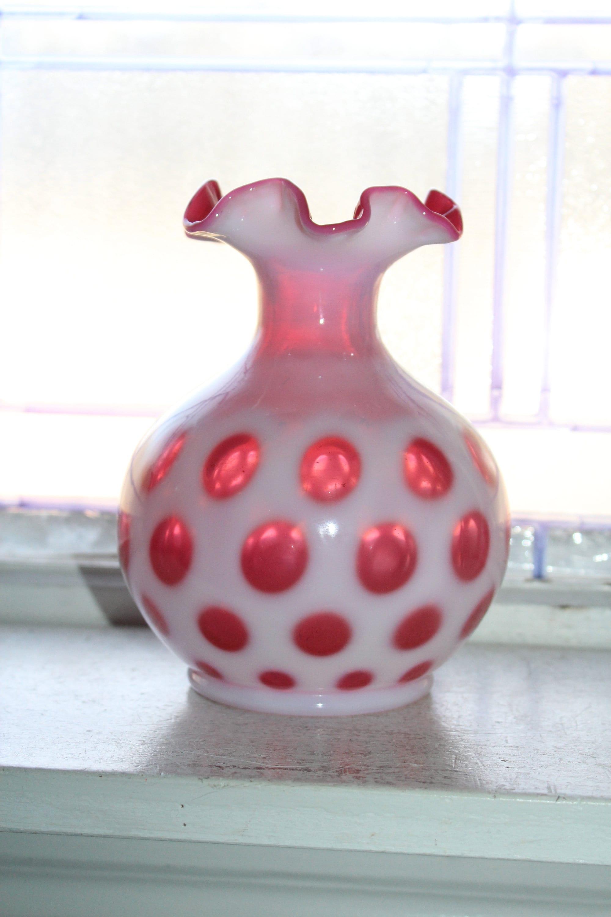 Fenton Cranberry Glass Coin Dot Vase Ruffled Rim